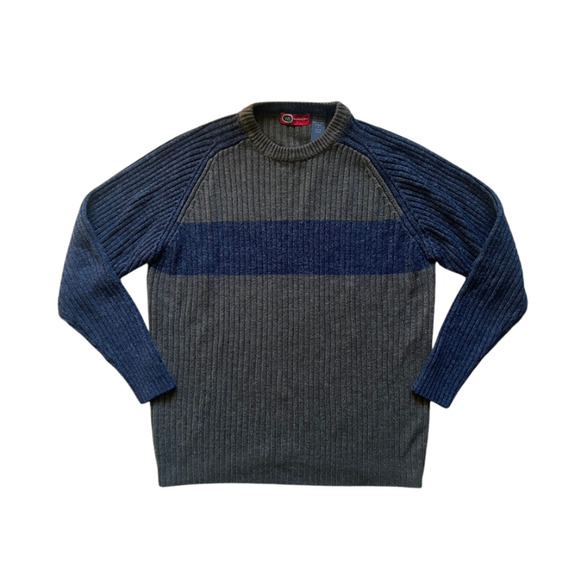 Vintage 90s Mens Sweater L Navy Green Striped Wool Blend Grunge Skater Grandpa - Picture 1 of 7